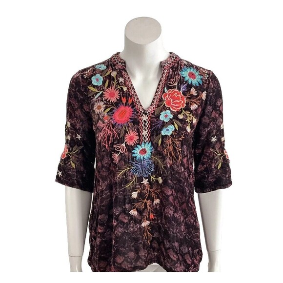 Johnny Was Silk Blend Ulla Velvet Easy V-neck Gypsy Boho Resort Purple Top XXS - Picture 1 of 12